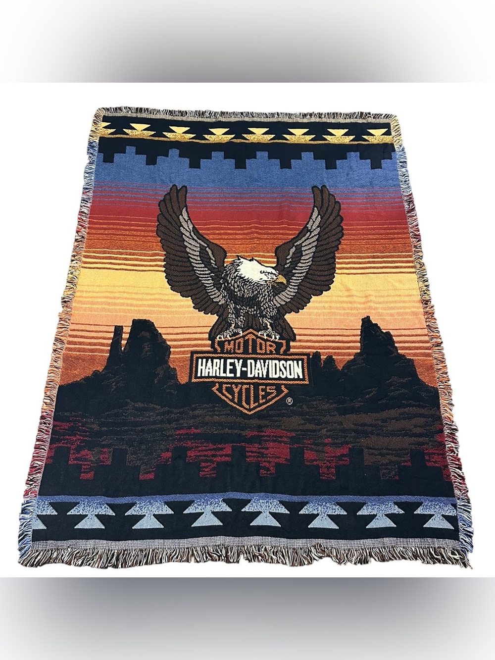 Harley-Davidson Eagle Woven Throw Blanket Southwestern Fringe Tapestry 71x51 USA